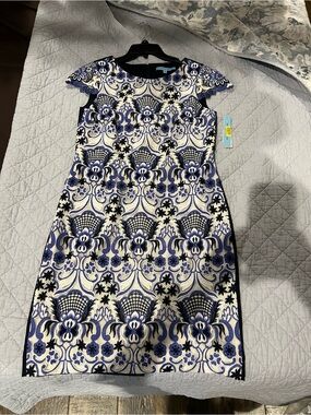 ANTONIO MELANI Blue, White and Black Floral Jacquard Dress